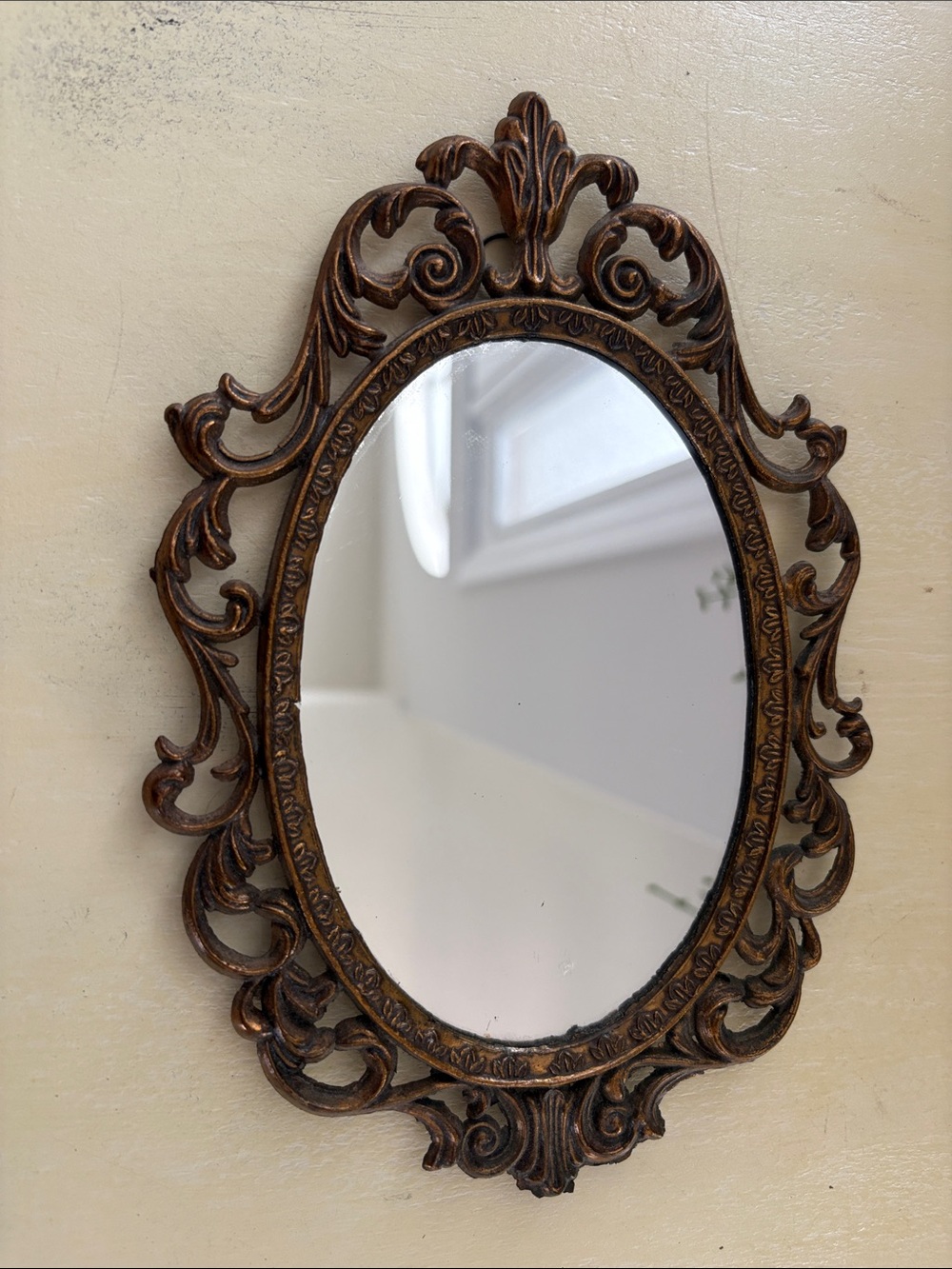 Vintage Antique Italian framed “Action”Oval Mirror Metal Filigree Wall Hanging